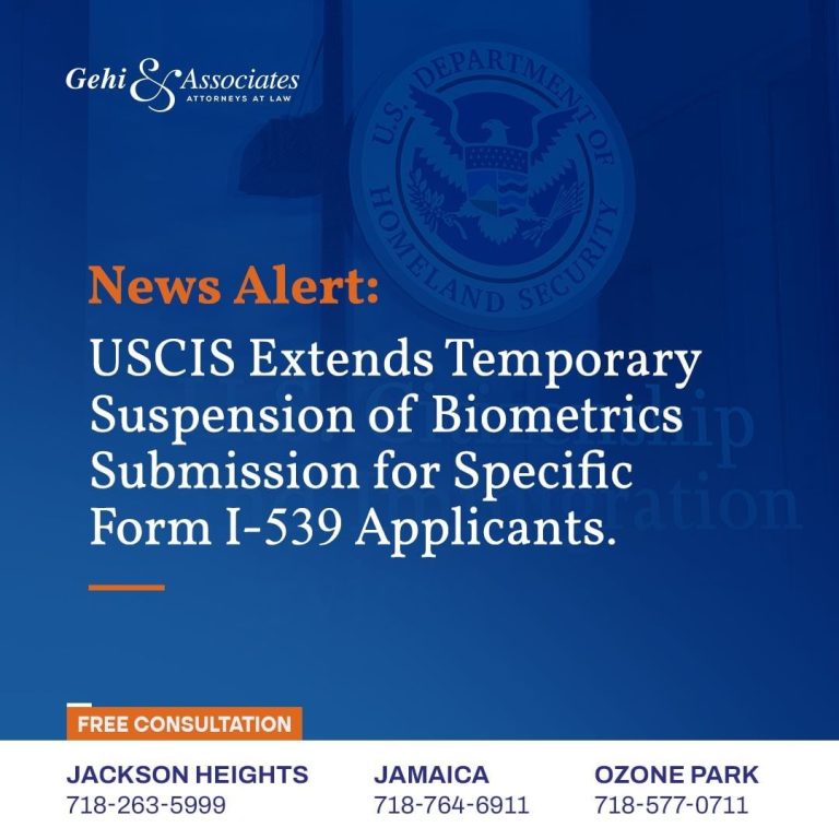 USCIS Extends Temporary Suspension of Biometrics Submission for Specific Form I-539 Applicants.